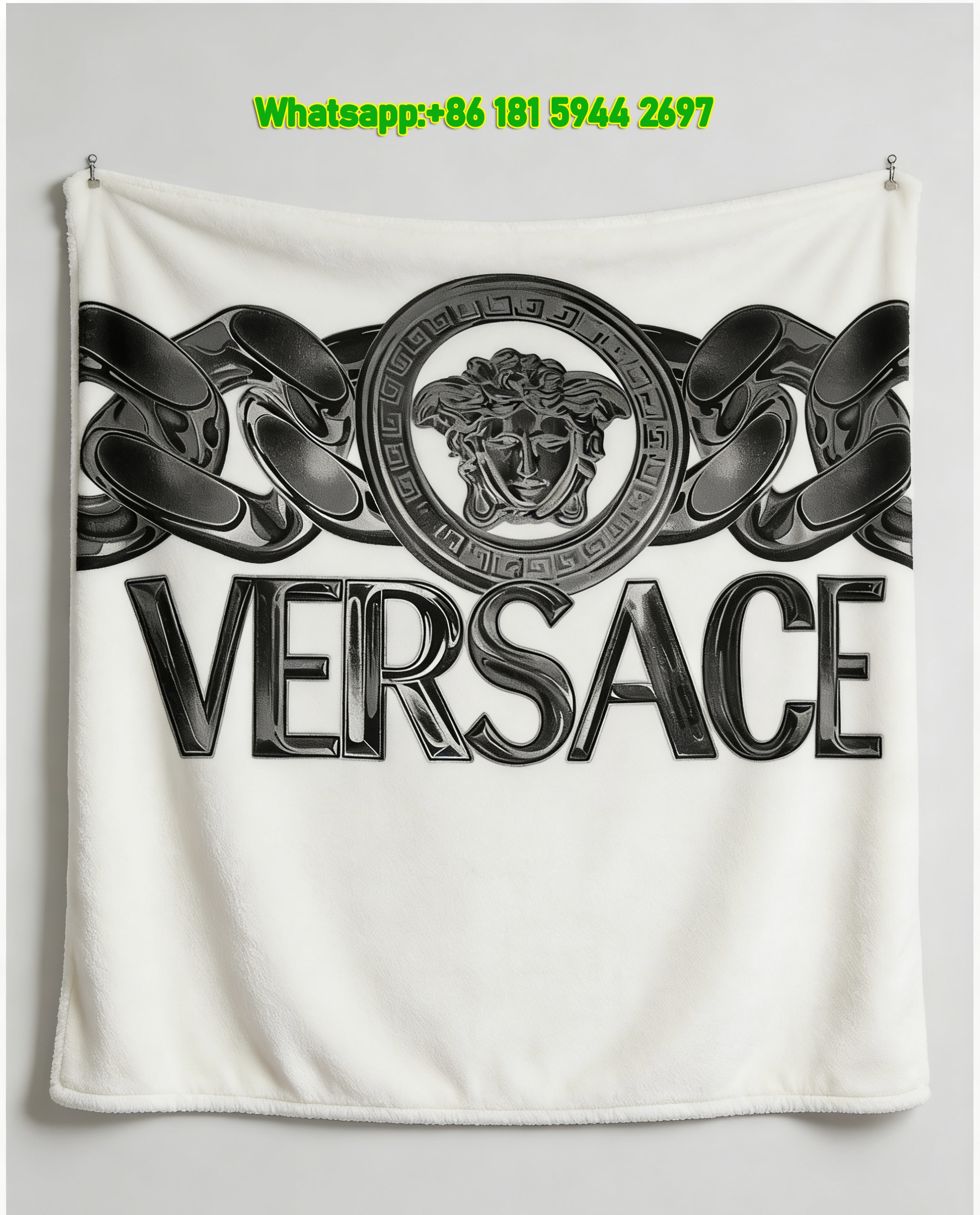 Versace White Black Medusa Chain Logo Print Flannel Sofa Throw Blanket IMG_1298